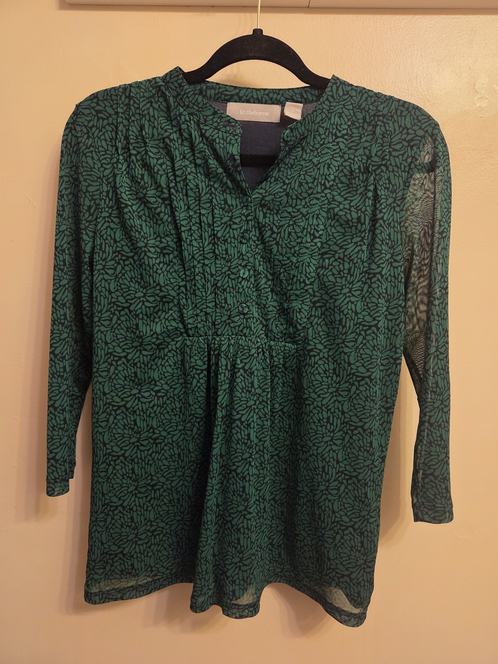 Liz Claiborne Green Navy Mesh Overlay Blouse M Boho Chic Sheer Pintuck Tunic Top